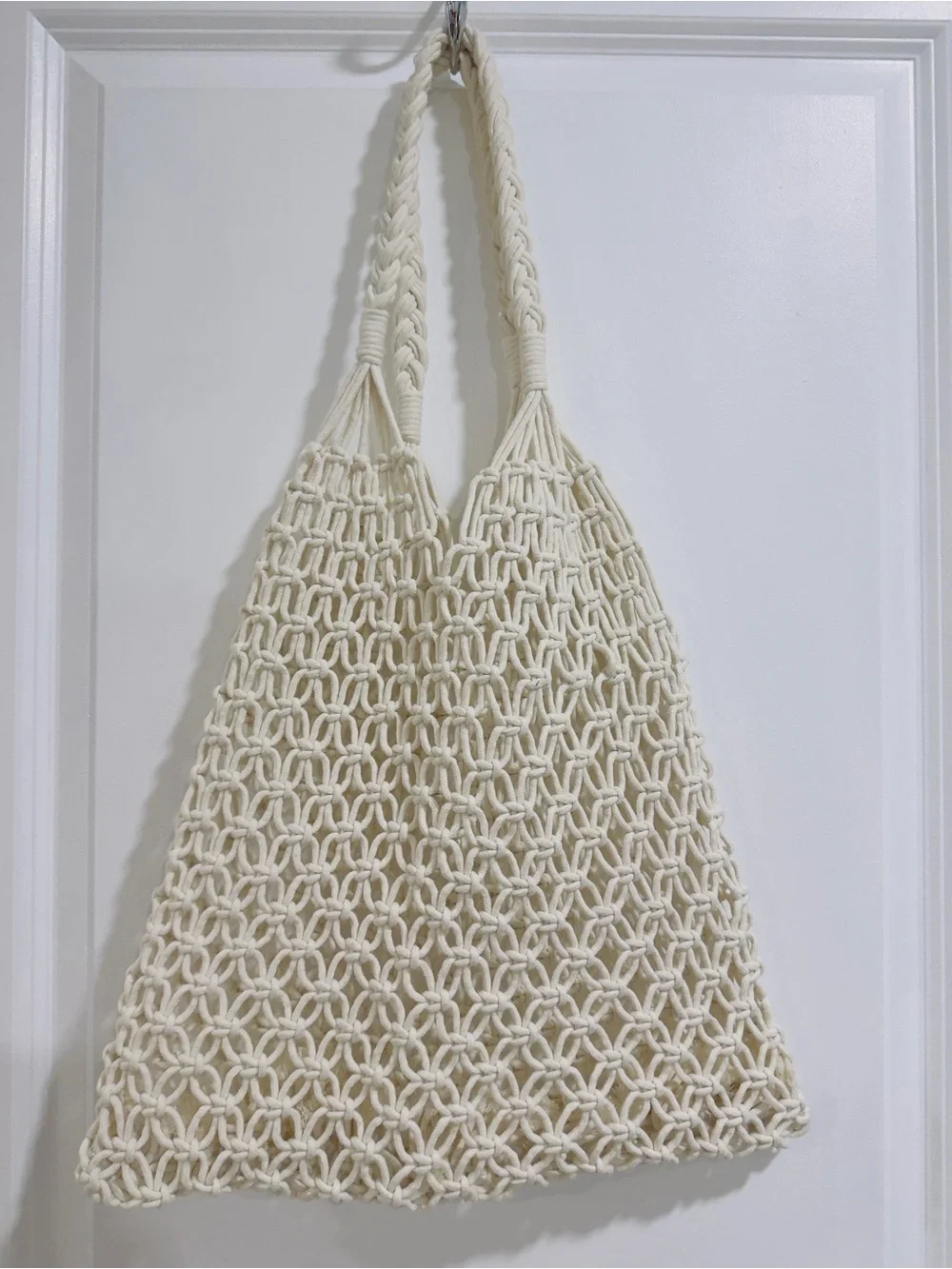 Handmade Cream Macramé Cotton Market Tote Bag | Boho Woven Beach Shopper